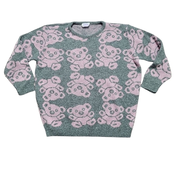 Vintage Arielle Teddy Bear Koala Acrylic Sweater Gray & Pink 80s 90s Kawaii M/L - Picture 1 of 14